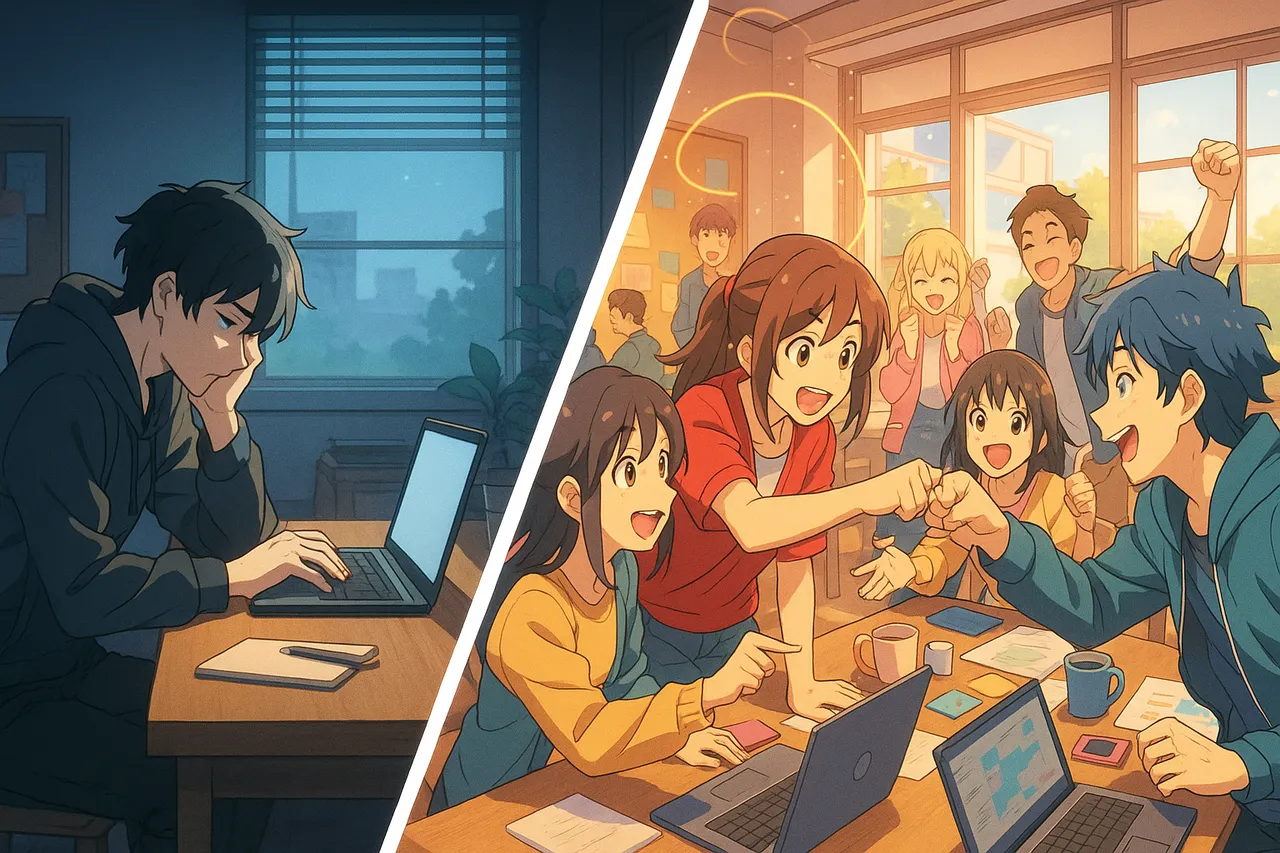 Split illustration contrasting a person alone in a dark room versus a bright room with a group of excited people collaborating and celebrating together