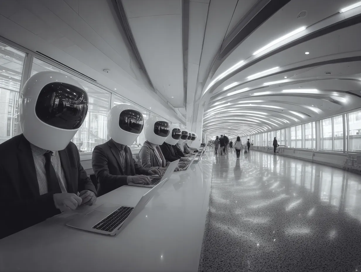 Business professionals in suits sitting at a counter working on laptops, each with a white robot head instead of a human head, in a futuristic corridor